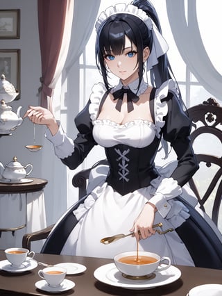 score_9,score_8_up,score_7_up,score_6_up, masterpiece, best quality, highres
,//Character, 
1girl, solo,narberal gamma \(overlord\), long hair, black hair, glay eyes, bangs, ponytail, medium breats
,//Fashion, 
maid
,//Background, 
,//Others, ,Expressiveh, 
A girl having a tea party with her shadow, which has come to life and is pouring tea from a ray of sunlight.