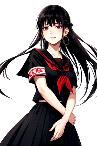 masterpiece, best quality, 
,//Character, 1girl, solo
,//Fashion, 
,//Background, white_background
,//Others, 
,AgakuraMajiri, 1girl, solo, long hair, black hair, red eyes, hoop earrings, black serafuku, sailor collar, black shirt, red neckerchief, armband, pleated skirt, black skirt, c: