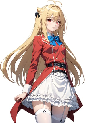 //Quality, masterpiece, best quality, detailmaster2, 8k, 8k UHD, ultra detailed, ultra-high resolution, ultra-high definition, highres, 
//Character, 1girl, solo,Terakomari, long hair, blonde hair, red eyes, ahoge, 
//Fashion, red coat, belt buckle, blue bowtie, long sleeves, white skirt, bow, white thighhighs, garter straps, boots, 
//Background, white background, 
//Others, 