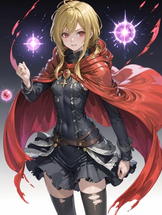 score_9,score_8_up,score_7_up,score_6_up, masterpiece, best quality, 8k, 8k UHD, ultra-high resolution, ultra-high definition, highres
,//Character, 
1girl, solo,Evileye \(overlord\), blonde hair, red eyes, hair between eyes, small breasts
,//Fashion, 
hood, black dress, torn clothes, covered navel, red cloak, hooded cloak, black thighhighs, torn thighhighs, 
hood up
,//Background, white_background
,//Others, ,Expressiveh,
dynamic pose, energy ball charging