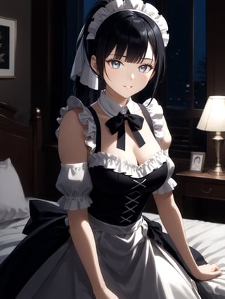 score_9,score_8_up,score_7_up,score_6_up, masterpiece, best quality, highres
,//Character, 
1girl,narberal gamma \(overlord\), long hair, black hair, glay eyes, bangs, ponytail, medium breats
,//Fashion, 
maid
,//Background, 
,//Others, ,Expressiveh, 
A girl in pajamas stargazing from her bedroom window, her wonder-filled eyes reflecting the night sky.