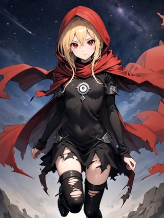 //Quality,
masterpiece, best quality, detailed
,//Character,
,Evileye \(overlord\), 1girl, solo, blonde hair, red eyes, hair between eyes, small breasts
,//Fashion,
hood, black dress, torn clothes, covered navel, red cloak, hooded cloak, black thighhighs, torn thighhighs, boots, black footwear
,//Background,
night_sky, starry_sky
,//Others,
hood up, arms at sides