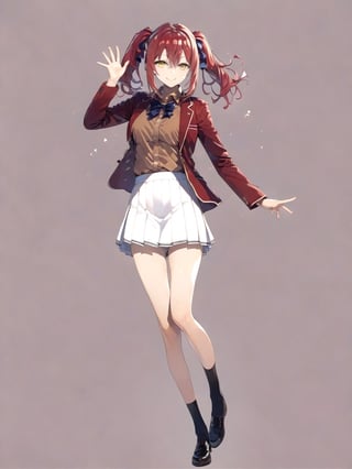 //Quality,
masterpiece, best quality, detailed
,//Character,
1girl, solo,AmasawaIchika, yellow eyes, red hair, twintails, medium breasts, bangs, hair between eyes, shiny hair, 
,//Fashion,
school uniform, red jacket, blazer, open jacket, long sleeves, open clothes, collared shirt, brown shirt, blue bowtie, hair ribbon, red ribbon, pleated skirt, white skirt, miniskirt, black footwear, black socks, loafers
,//Background,
,//Others,
standing, full body, closed mouth, smile, hand up