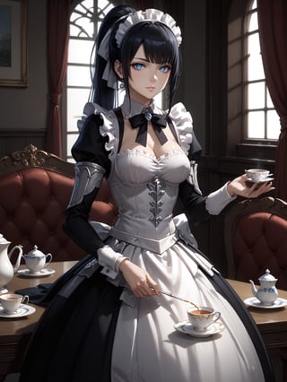 score_9,score_8_up,score_7_up,score_6_up, masterpiece, best quality, highres
,//Character, 
1girl, solo,narberal gamma \(overlord\), long hair, black hair, glay eyes, bangs, ponytail, medium breats
,//Fashion, 
maid
,//Background, 
,//Others, ,Expressiveh, 
A girl having a tea party with her shadow, which has come to life and is pouring tea from a ray of sunlight.