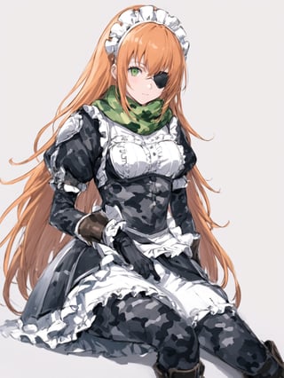score_9,score_8_up,score_7_up,score_6_up, masterpiece, best quality
,//Character, 
1girl, solo,cz2128_delta \(overlord\), long hair, green eyes, orange hair, eyepatch
,//Fashion, 
maid, maid headdress, camouflage, green scarf, gloves, dress, armor, boots
,//Background, white_background
,//Others,
(holding large Stuffed Penguin:1.3)