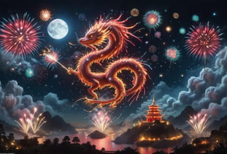 （（Dragon made of fireworks））, surreal environment,masterpiece, frwks,night,red blackground,