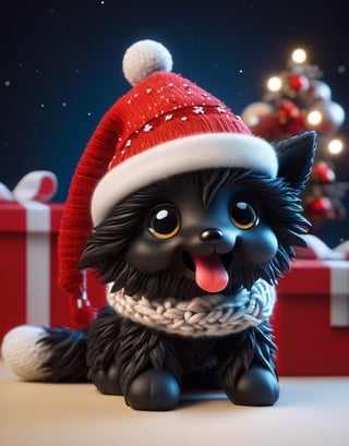 a detailed view photo of a chibi Santa Claus black wolf dog made of knitting,Tongue out,((isolated on a plain night background)),hyper detailed, trending on artstation, sharp focus, studio photo,8K,masterpiece,best quality,high resolution,aesthetic portrait,ral-chrcrts,christmas,sweetscape