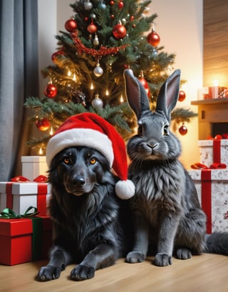 1dog,1rabbit,a detailed view photo of a cute black wolf dog and a grey rabbit wearing Santa Claus clothing,((dog looking at viewer,christmas tree background,giftboxes on the floor,indoor)), hyper detailed, trending on artstation, sharp focus, studio photo,8K,masterpiece,best quality,high resolution,aesthetic portrait,ral-chrcrts,christmas,sweetscape,