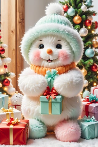 Fluffy baby snowman opening gifts for Christmas, pastel colors, complementary colors