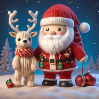 a detailed view photo of a cute Santa Claus man and a cute polar bear with a cute deer made of knitting,((isolated on a plain night background)),hyper detailed, trending on artstation, sharp focus, studio photo,8K,masterpiece,best quality,high resolution,aesthetic portrait,ral-chrcrts,christmas,sweetscape