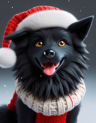 a detailed view photo of a cute Santa Claus black wolf dog made of knitting,Tongue out,((isolated on a plain night background)),hyper detailed, trending on artstation, sharp focus, studio photo,8K,masterpiece,best quality,high resolution,aesthetic portrait,ral-chrcrts,christmas,sweetscape,chibi