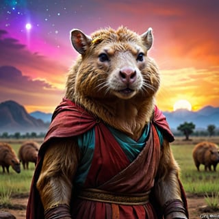 A capybara who is a Chinese monk in the plain,capybaras,night,colorful sky,Holy light behind,digital painting,front view, artstation, concept art, Craig Mullins, Breathtaking, 8k resolution, extremely detailed, beautiful, establishing shot, artistic, hyperrealistic, octane render, cinematic lighting, dramatic lighting, masterpiece, light brazen, extremely detailed and beautiful face