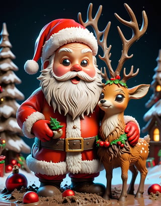 a detailed view photo of a cute Santa Claus and deer made of Mud glue,hyper detailed, trending on artstation, sharp focus, studio photo,8K,masterpiece,best quality,high resolution,