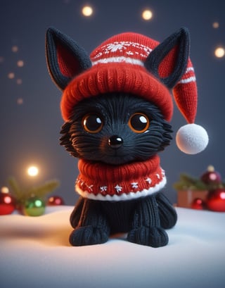 a detailed view photo of a chibi Santa Claus black wolf dog made of knitting,Tongue out,((isolated on a plain night background)),hyper detailed, trending on artstation, sharp focus, studio photo,8K,masterpiece,best quality,high resolution,aesthetic portrait,ral-chrcrts,christmas,sweetscape