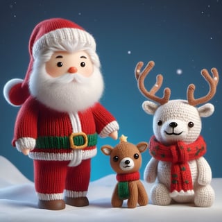 a detailed view photo of a cute Santa Claus man and a cute polar bear and a cute deer made of knitting,((isolated on a plain night background)),hyper detailed, trending on artstation, sharp focus, studio photo,8K,masterpiece,best quality,high resolution,aesthetic portrait,ral-chrcrts,christmas,sweetscape