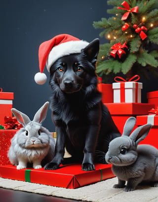 a detailed view photo of a cute Santa Claus black wolf dog and a grey rabbit ,((dog looking at viewer,isolated on a plain night background,giftboxes on the floor)), hyper detailed, trending on artstation, sharp focus, studio photo,8K,masterpiece,best quality,high resolution,aesthetic portrait,ral-chrcrts,christmas,sweetscape