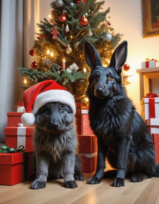 1dog,1rabbit,a detailed view photo of a cute black wolf dog and a grey rabbit wearing Santa Claus clothing,((dog looking at viewer,rabbit close with dog,christmas tree background,giftboxes on the floor,indoor)), hyper detailed, trending on artstation, sharp focus, studio photo,8K,masterpiece,best quality,high resolution,aesthetic portrait,ral-chrcrts,christmas,sweetscape,