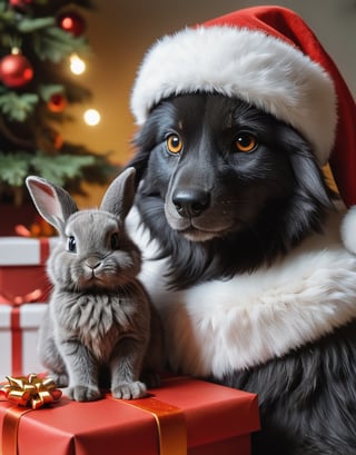 1dog,1rabbit,((a detailed view photo of a cute Santa Claus black wolf dog and a small Santa Claus grey lop-eared rabbit ,dog looking at viewer,christmas tree background,giftboxes on the floor,indoor)), hyper detailed, trending on artstation, sharp focus, studio photo,8K,masterpiece,best quality,high resolution,aesthetic portrait,ral-chrcrts,christmas,sweetscape,stuffed_rabbit,bunny_rabbit