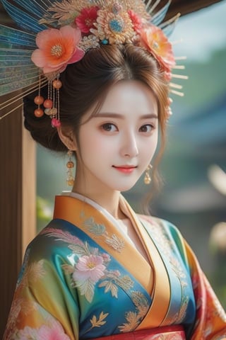 1 girl, most beautiful korean girl, Korean beauty model, idol face, gorgeous girl, 18yo, over sized eyes, big eyes, smiling, looking at viewer, (RAW photo, best quality), (real, photo real: 1.3), detailed face + eyes, casual pose, elegant, ultra Realistic,Extreme Detailed,beautiful Prism light,stardust,rainbow-colored light, Glass made ultra Detailed transparent oiran Girl,ultra transparent, gorgeous hair accessories, phoenix eyes, cool, Disdainful look, fractal art, bright colors, beautiful Japanese supermodel wearing clogs, radiant, perfect custom gorgeous floral embroidery pattern suit, custom design, cowboy shot,  floral print, vibrant, masterpiece,aesthetic portrait