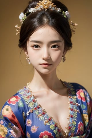 1 girl, most beautiful korean girl, Korean beauty model, idol face, gorgeous girl, 18yo, over sized eyes, big eyes, smiling, looking at viewer, (RAW photo, best quality), (real, photo real: 1.3), detailed face + eyes, casual pose, elegant, stunning Japanese traditional costume oiran, gorgeous hair accessories, phoenix eyes, cool, Disdainful look, fractal art, bright colors, beautiful Japanese supermodel wearing clogs, radiant, perfect custom gorgeous floral embroidery pattern suit, custom design, cowboy shot,  floral print,masterpiece