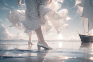 the reflection of the clouded sky on the shallow calm and with not aves of ripples of sea of water while a lady with her sparkling dress dance happily on the surface of the sea. full body view