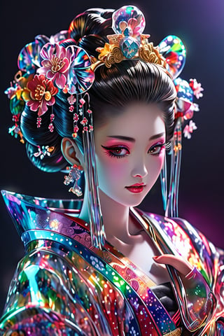 ultra Realistic,Extreme Detailed,beautiful Prism light,stardust,rainbow-colored light,
Glass made ultra Detailed transparent oiran Girl,ultra transparent,wearing luxury high-tech kimono,walk,
dancing oiran 
head portrait