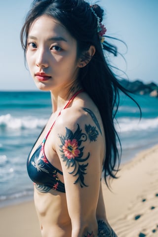 tattoo, 1girls, dragontattoo, closeup, modelpose, realistic, bikini, korean, bodytattoo, background_beach, longhair, 8k, perfect, colorfull, Korean