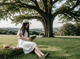 hill(green grass field),a big old tree,1 girl is sitting under the tree, wearing white dress and ladyhat,very_long_hair,she is reading a book,