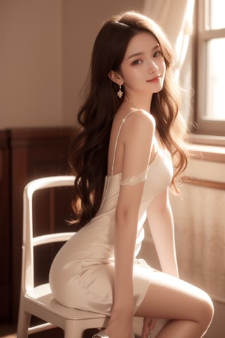 dark background,pin lights,beautiful girl,very long hair, curly hair,brown hair,smile,wearing white silk dress(strap),heels,she is sitting at chair,tiny necklace and earrings,Best Quality, 32k, photorealistic, ultra-detailed, finely detailed, high resolution, perfect dynamic composition, beautiful detailed eyes, sharp-focus, cowboy shot,side shot,Nature