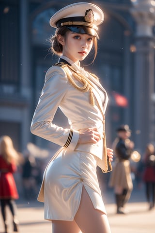 background old palace square,16 yo,beautiful girl,military officer,blonde hair,chignon,blue eyes,tall,slim waist,wearing military uniform(white full dress uniform,long sleeve suit jacket,tight skirt),boots and hat,Best Quality, 32k, photorealistic, ultra-detailed, finely detailed, high resolution, perfect dynamic composition, beautiful detailed eyes, sharp-focus, cowboy shot,