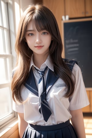 class_room,high school student,girl,very_long_hair,bangs,wearing high school uniform,she is standing at blackboard,smile,Best Quality, 32k, photorealistic, ultra-detailed, finely detailed, high resolution, perfect dynamic composition, beautiful detailed eyes, sharp-focus, cowboy_shot, front shot,