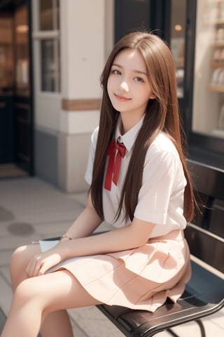 street cafe,16 yo,beautiful girl,very long hair, straight hair,brown hair,smile,wearing school uniform,she is sitting at street cafe and having ice cream,Best Quality, 32k, photorealistic, ultra-detailed, finely detailed, high resolution, perfect dynamic composition, beautiful detailed eyes, sharp-focus, cowboy shot,full body,Nature