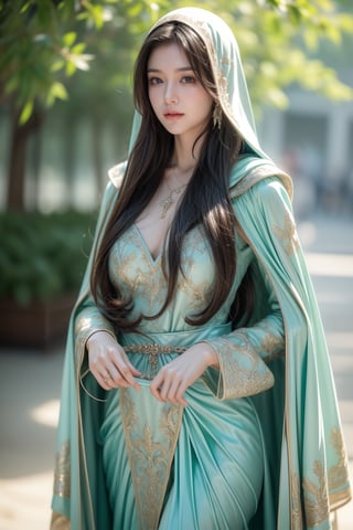 deep forest(fantasy movie),Arwen,lady of Rivendell,Evenstar of the elves,heroine of the movie Lord of The Rings,16 yo,black hair,hair_past_waist,very_long_hair,straight_hair,neat hair,glossy hair,hair covering ears,fair skin,light blue eyes,wearing dress of elf(wide and long sleeves dress) and wide hooded cape,tiny necklace,smile,Best Quality, 32k, photorealistic, ultra-detailed, finely detailed, high resolution, perfect dynamic composition, beautiful detailed eyes, sharp-focus, cowboy shot,