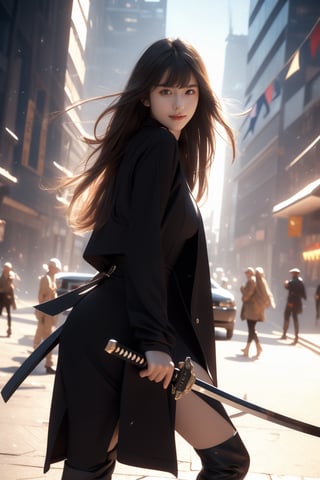 dark night,urban street,skyscrapers,buildings,beautiful girl,16 yo, dark hair,straight hair,very_long_hair,bangs,wearing long black slim coat(inside black straped short dress),long boots,accessories,she is holding a katana,smile,Best Quality, 32k, photorealistic, ultra-detailed, finely detailed, high resolution, perfect dynamic composition, beautiful detailed eyes, sharp-focus, cowboy shot,More Detail,Samurai girl,foreground,fight scene