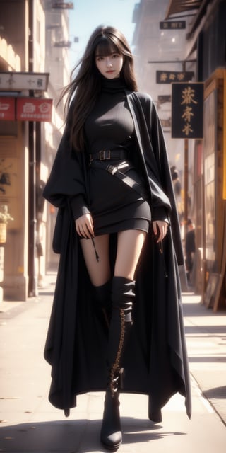 urban street,skyscrapers,buildings,beautiful girl,16 yo, dark hair,straight hair,very_long_hair,bangs,wearing long black slim coat(inside black tight turtleneck short dress),long boots,accessories,she is carrying a katana,smile,Best Quality, 32k, photorealistic, ultra-detailed, finely detailed, high resolution, perfect dynamic composition, beautiful detailed eyes, sharp-focus, cowboy shot,More Detail,Samurai girl,foreground