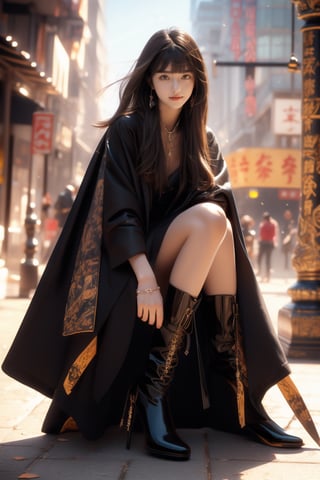 urban street,skyscrapers,buildings,beautiful girl,16 yo, dark hair,straight hair,very_long_hair,bangs,wearing long black slim coat(inside black straped short dress),long boots,accessories,she is holding a katana,smile,Best Quality, 32k, photorealistic, ultra-detailed, finely detailed, high resolution, perfect dynamic composition, beautiful detailed eyes, sharp-focus, cowboy shot,More Detail,Samurai girl,