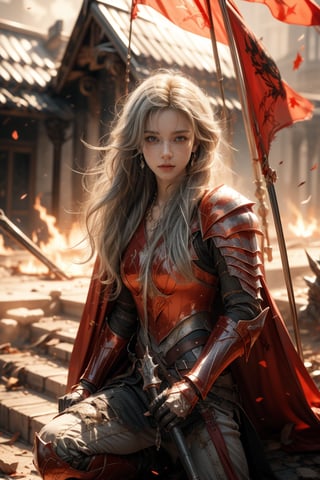 background is horizon,dark sky,smoke,flare,burning ground,burning flag,ash,hell,a girl,grey blonde hair,curly hair,very_long_hair,tiny earrings,tiny necklace,wearing broken armor and blacken and torn red cape,she is going down on a knee,Best Quality, 32k, photorealistic, ultra-detailed, finely detailed, high resolution, perfect dynamic composition, beautiful detailed eyes, sharp-focus, cowboy shot,More Detail,xuer plate armor,creepy,DonMB14ckR0ck,f1ame