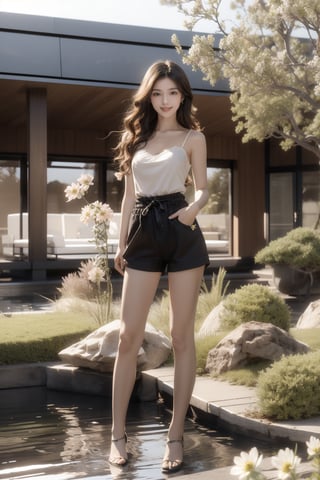 modern house garden,flower garden,16 yo,beautiful girl,very_long_hair,hair_past_waist,waist length hair,curly hair,dark brown hair,slim waist,wearing top(strap) and short pants,she water the flowers ,smile,perfect finger,Best Quality, 32k, photorealistic, ultra-detailed, finely detailed, high resolution, perfect dynamic composition, beautiful detailed eyes, sharp-focus, cowboy shot,full body shot,modernvilla, 