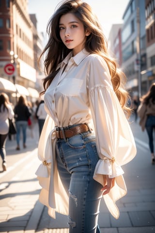 background is urban street,16 yo,beautiful girl,high school student,very_long_hair,hair_past_waist,waist length hair,curly hair,dark brown hair,tall,wearing white collared shirt,jeans and highheels,walking,smile,Best Quality, 32k, photorealistic, ultra-detailed, finely detailed, high resolution, perfect dynamic composition, beautiful detailed eyes, sharp-focus, cowboy shot,side shot,SIBear