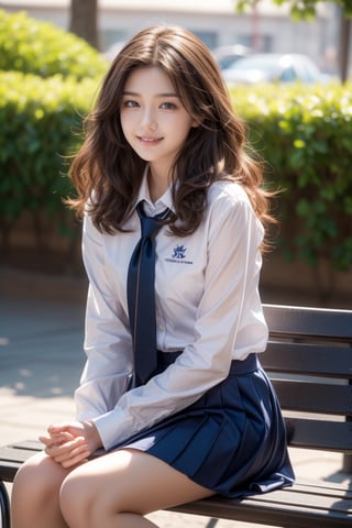 early morning,garden,rese,bench,high school student,16 yo,girl,bobbed-hair, curly hair,wearing school uniform(long sleeves),sitting on bench,smile,side lights,backlighting,Best Quality, 32k, photorealistic, ultra-detailed, finely detailed, high resolution, perfect dynamic composition, beautiful detailed eyes, sharp-focus, cowboy shot,