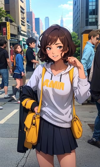 (best quality:0.8) perfect anime illustration, a pretty, happy woman with short curly brown hair on the street in the city, wearing a hoodie, skirt