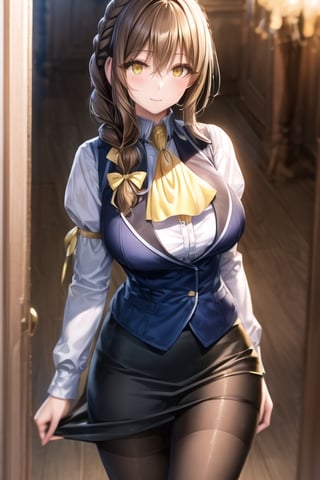 receptionist_a, long hair, brown hair, braid, single braid, hair between eyes, yellow eyes, big breasts, collared shirt, white shirt, long sleeves, vest, yellow ribbon, ascot, yellow ascot, black skirt, long skirt, pantyhose, 