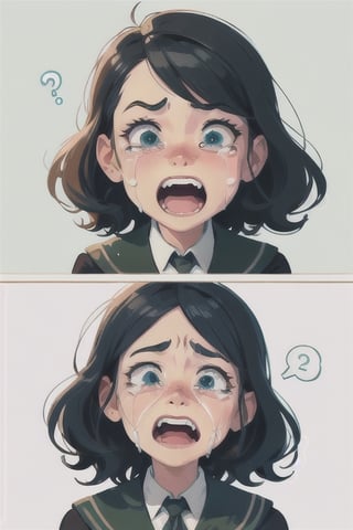 (Cute Cartoon Illustration:1.5), masterpiece, best quality, casting magic, 30yr old woman, crying with tears, toothy expression, Hogwarts, minimalist