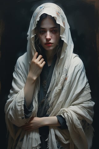 style of Ismail Inceoglu, Bastien Lecouffe-Deharme, Full body portrait, 1girl, pale skin, dressed in a loose, white, textured garment with frayed edges, reminiscent of historical or fantasy attire, covers her eyes with both hands, which are delicate and slightly pale. Over her head, she wears a dark, intricately patterned cloth that wraps around, partially obscuring her face and creating a sense of enigma. Dark and atmospheric background, somber and contemplative expression, painterly and soft, delicate brushwork, subtle, moody lighting. masterpiece, best quality, very aesthetic, absurdres, ultra-detailed 