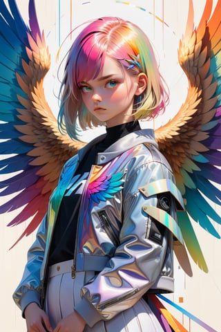 style of Guweiz, Bo Bartlett, J.C. Leyendecker, 1girl, Oil on canvas, supernatural being, otherworldly beauty, abstract motif, glitch aesthetic, photonic energy, thick textured paint, neat brushwork, intricately detailed, masterpiece, 8k, hdr, vibrant neon, pastel rainbow tones, (eagle wings:1.2), 