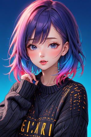 anime ,realistic ,sketch , 1girl, ,lip, Sweater,order, Blue gradient background, Neon hair,Textured crop, Canadian , (masterpiece,best quality,niji style)