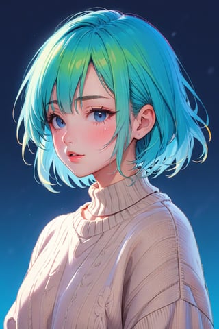 anime ,realistic ,sketch , 1girl, ,lip, Sweater,order, Blue gradient background, Neon hair,Textured crop, Canadian , (masterpiece,best quality,niji style), (minimalism style, flat style:1.5), ghibli
