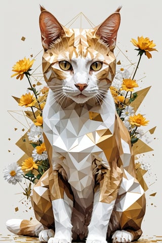 fragmented, full body, A cat, Half golden and half white, osmium, next to a bunch of flowers, a low poly render, surrealism, geometric shapes and pixel sorting, white gradient background, style of Anthony Gerace, russ mills, Dual representation, One half of the cat's face is white and the other golden geometric, gold-colored triangular facets that appear to be breaking away into smaller triangles, giving the impression of the cat transitioning into an abstract form, polygonal fragments, flowers growing out of his bodyfractal art, abstract, hyperrealistic, masterpiece, best quality, 