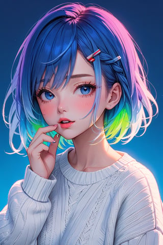 anime ,realistic ,sketch , 1girl, ,lip, Sweater,order, Blue gradient background, Neon hair,Textured crop, Canadian , (masterpiece,best quality,niji style), minimalism style
