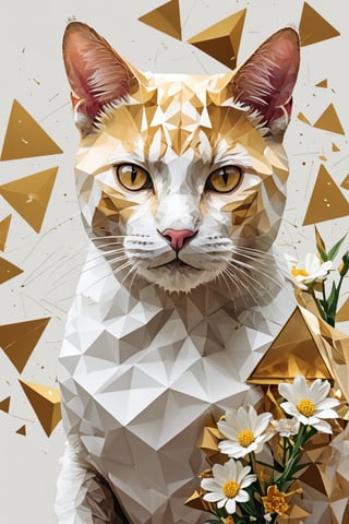 fragmented, full body, A cat, Half golden and half white, osmium, next to a bunch of flowers, a low poly render, surrealism, geometric shapes and pixel sorting, white gradient background, style of Anthony Gerace, russ mills, Dual representation, One half of the cat's face is white and the other golden geometric, gold-colored triangular facets that appear to be breaking away into smaller triangles, giving the impression of the cat transitioning into an abstract form, polygonal fragments, flowers growing out of his bodyfractal art, abstract, hyperrealistic, masterpiece, best quality, 